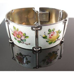 Signed Finn Jensen Norway Sterling Silver & Enamel Wide Panel Bracelet